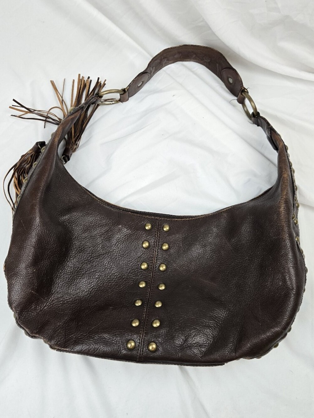Kate Landry Brown Leather Studded Fringe Hobo Shoulder Bag Boho One Size